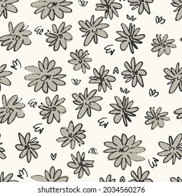 Seamless pattern with hand drawn meadow flowers in Ditzy style. Stylish gray illustrations on white background for surface design and other design projects