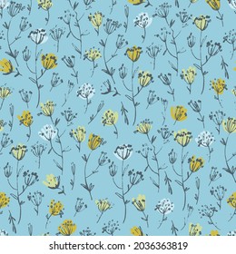 Seamless pattern with hand drawn meadow flowers in Ditsy style. Colorful illustrations on blue background for surface design and other design projects