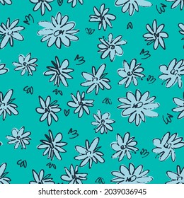 Seamless pattern with hand drawn meadow flowers in Ditzy style. Outlined illustrations on turquoise background for surface design and other design projects