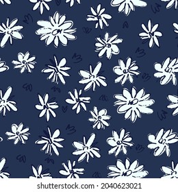 Seamless pattern with hand drawn meadow flowers in Ditzy style. Monochrome illustrations on dark blue background for surface design and other design projects