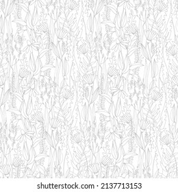 Seamless pattern with hand drawn meadow flowers in Outlined illustrations on white background for surface design and other design projects