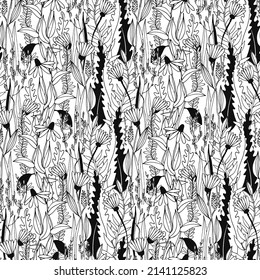 Seamless pattern with hand drawn meadow flowers in Outlined illustrations on white background for surface design and other design projects