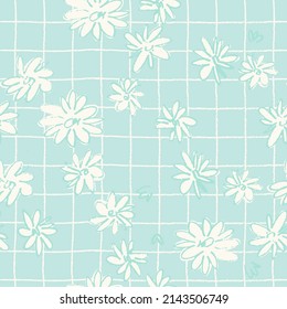 Seamless pattern with hand drawn meadow flowers in Ditzy style with plaid. Outlined illustrations on blue background for surface design and other design projects