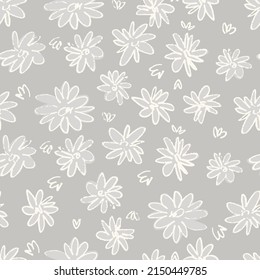 Seamless pattern with hand drawn meadow flowers in Ditzy style. Outlined illustrations on gray background for surface design and other design projects