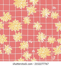 Seamless pattern with hand drawn meadow flowers in Ditzy style with plaid. Outlined illustrations on blue background for surface design and other design projects