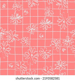 Seamless pattern with hand drawn meadow flowers in Ditzy style. Outlined illustrations on dark background for surface design and other design projects