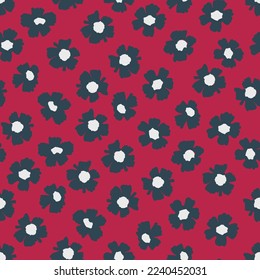 Seamless pattern with hand drawn meadow flowers in Ditzy style. Stylish illustrations on color 2023 magenta for surface design and other design projects