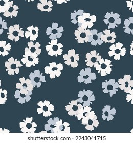 Seamless pattern with hand drawn meadow flowers in Ditzy style. Stylish gray illustrations on white background for surface design and other design projects