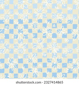 Seamless pattern with hand drawn meadow flowers in Ditzy style with plaid. Outlined illustrations on Violet background for surface design and other design projects