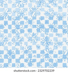 Seamless pattern with hand drawn meadow flowers in Ditzy style with plaid. Outlined illustrations on Violet background for surface design and other design projects