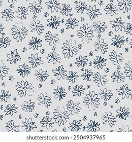 Seamless pattern with hand drawn meadow flowers in Ditsy style. Colorful illustrations on light-colored background for surface design and other design projects