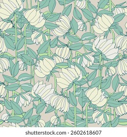 Seamless pattern with hand drawn meadow bold flowers. Colorful illustrations on blue background for surface design and other design projects