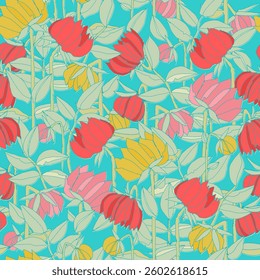Seamless pattern with hand drawn meadow bold flowers. Colorful illustrations on blue background for surface design and other design projects