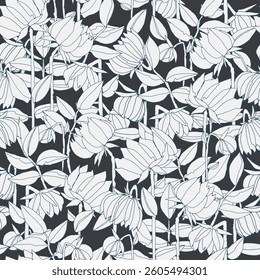 Seamless pattern with hand drawn meadow bold flowers. Colorful illustrations on blue background for surface design and other design projects