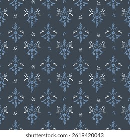 Seamless pattern with hand drawn meadow flowers. Floral Block Prints inspired by printmaking that uses wooden blocks to transfer repeating designs onto textiles.