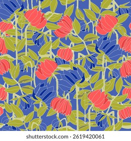 Naadloos patroon met handgetekende weide gedurfde bloemen. Kleurrijke illustraties op blauwe achtergrond voor oppervlakteontwerp en andere ontwerpprojecten