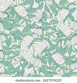 Seamless pattern with hand drawn meadow bold flowers. Colorful illustrations on blue background for surface design and other design projects