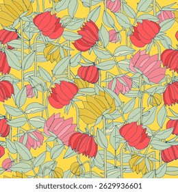 Seamless pattern with hand drawn meadow bold flowers. Colorful illustrations on blue background for surface design and other design projects