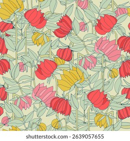 Seamless pattern with hand drawn meadow bold flowers. Colorful illustrations on blue background for surface design and other design projects