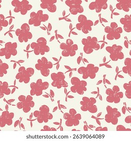 Seamless pattern with hand drawn meadow bold flowers. Floral Block Prints inspired by printmaking that uses wooden blocks to transfer repeating designs onto textiles.