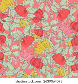 Seamless pattern with hand drawn meadow bold flowers. Colorful illustrations on blue background for surface design and other design projects