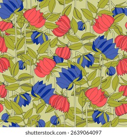 Seamless pattern with hand drawn meadow bold flowers. Colorful illustrations on blue background for surface design and other design projects