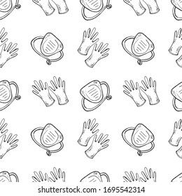 Seamless pattern with hand drawn medical masks and gloves. Medicine collection. Vector doodle illustration