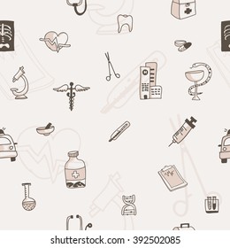 Seamless pattern with hand drawn medical icons. Vector illustration.  