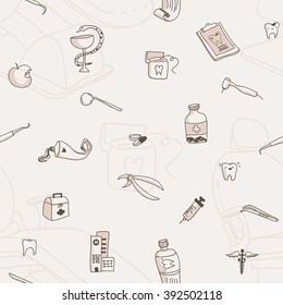 Seamless pattern with hand drawn medical icons. Vector illustration.  