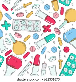 Seamless pattern of hand drawn medical objects. Pills, ampoule, syringe, thermometer, stethoscope, syringe, patch, flask.
