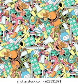 Seamless pattern of hand drawn medical objects. Pills, ampoule, syringe, thermometer, stethoscope, syringe, patch, flask.