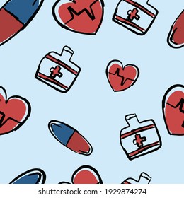 Seamless pattern with hand drawn "Medicene, Bottle, Heartbeat".
Designed for fabric luxurious and wallpaper, vintage style, 
cartoon style, 2D style. 