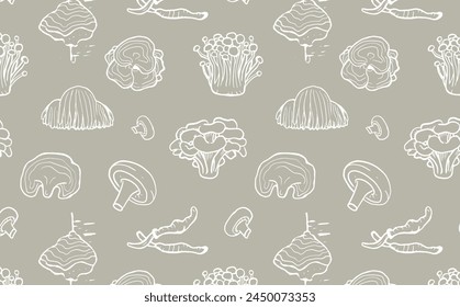 Seamless pattern of hand drawn medicinal mushrooms on grey background. Chaga, reishi, shitaki, cordyceps, turkey tail and lions mane mushroom illustration.