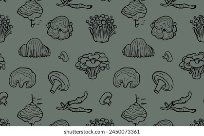 Seamless pattern of hand drawn medicinal mushrooms on green background. Chaga, reishi, shitaki, cordyceps, turkey tail and lions mane mushroom illustration.