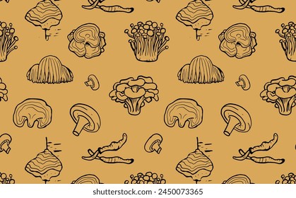 Seamless pattern of hand drawn medicinal mushrooms on beige background. Chaga, reishi, shitaki, cordyceps, turkey tail and lions mane mushroom illustration.