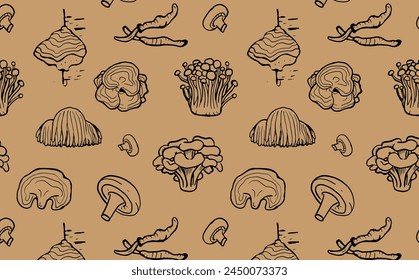 Seamless pattern of hand drawn medicinal mushrooms on beige background. Chaga, reishi, shitaki, cordyceps, turkey tail and lions mane mushroom illustration.