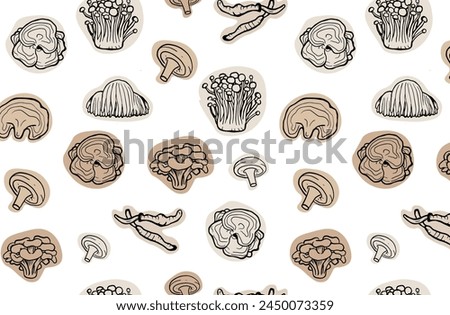Seamless pattern of hand drawn medicinal mushrooms on white background. Chaga, reishi, shitaki, cordyceps, turkey tail and lions mane mushroom illustration.
