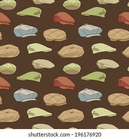 Seamless pattern with hand drawn men's tweed caps. Fashionable cartoon hats tiling background.