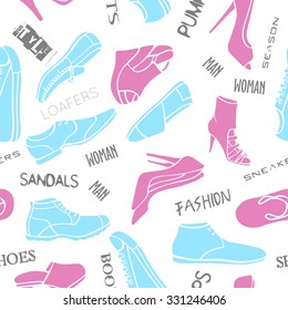 Seamless pattern of hand drawn men's and women's shoes in blue and pink colors with titles on white background . Stylish colorful texture for your design 