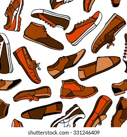 Seamless pattern of hand drawn men's shoes in brown and orange colors on white background. Stylish colorful texture for your design 