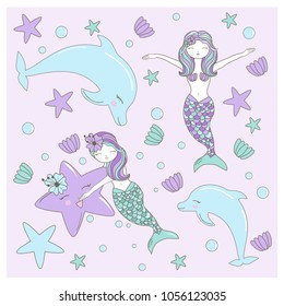 Seamless Pattern with Hand drawn with mermaids, sea star, flowers and shells in pastel colors. Cute Illustration for baby showers, birthday, t-shirts, cards and backgrounds. Doodle character design