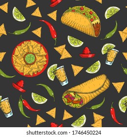 Seamless pattern with hand drawn Mexican food -  chili pepper,  guacamole, lime, jalapenos, nachos, tacos, burritos, tequila on black. Sketch. Cinco de Mayo 