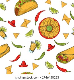 Seamless pattern with hand drawn Mexican food -  chili pepper,  guacamole, lime, jalapenos, nachos, tacos, burritos, tequila on white. Sketch. Cinco de Mayo 