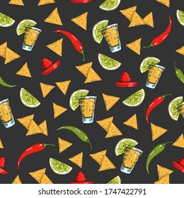 Seamless pattern with hand drawn Mexican food -  chili pepper,  guacamole, lime, jalapenos, nachos, tacos, burritos, tequila on black. Sketch. Cinco de Mayo 