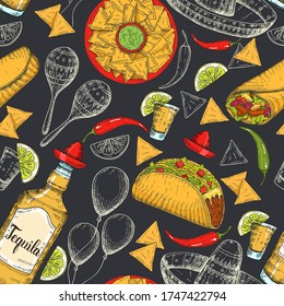 Seamless pattern with hand drawn Mexican food and symbols -  chili pepper, maracas, sombrero, ballons, guacamole, lime, jalapenos, nachos, tacos, burritos, tequila. Cinco de Mayo 