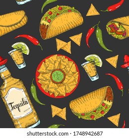 Seamless pattern with hand drawn Mexican food -  chili pepper,  guacamole, lime, jalapenos, nachos, tacos, burritos, tequila on black. Sketch. Cinco de Mayo 