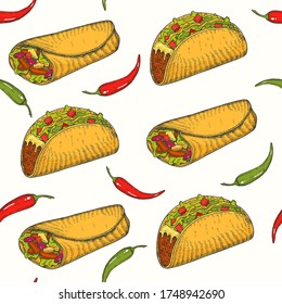 Seamless pattern with hand drawn Mexican food -  chili pepper,  tacos, burritos. Sketch. Cinco de Mayo 