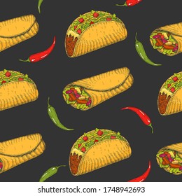 Seamless pattern with hand drawn Mexican food -  chili pepper,  guacamole, tacos, burritos on black. Sketch. Cinco de Mayo 