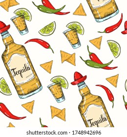 Seamless pattern with hand drawn Mexican food -  chili pepper, lime, jalapenos, nachos, tequila in sketch style. Illustration for menu designs. Cinco de Mayo 