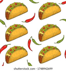 Seamless pattern with hand drawn Mexican food - chili pepper, tacos, burritos isolated on white. Sketch. Cinco de Mayo 